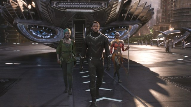 Marvel Studios' BLACK PANTHER..L to R: Nakia (Lupita Nyong'o), T'Challa/Black Panther (Chadwick Boseman) and Okoye (Danai Gurira)..Ph: Film Frame..©Marvel Studios 2018